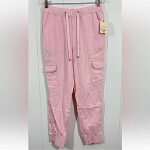 NWT St Johns Bay Cargo Jogger Pants Sz S Linen Blend Elastic Waist Drawstring